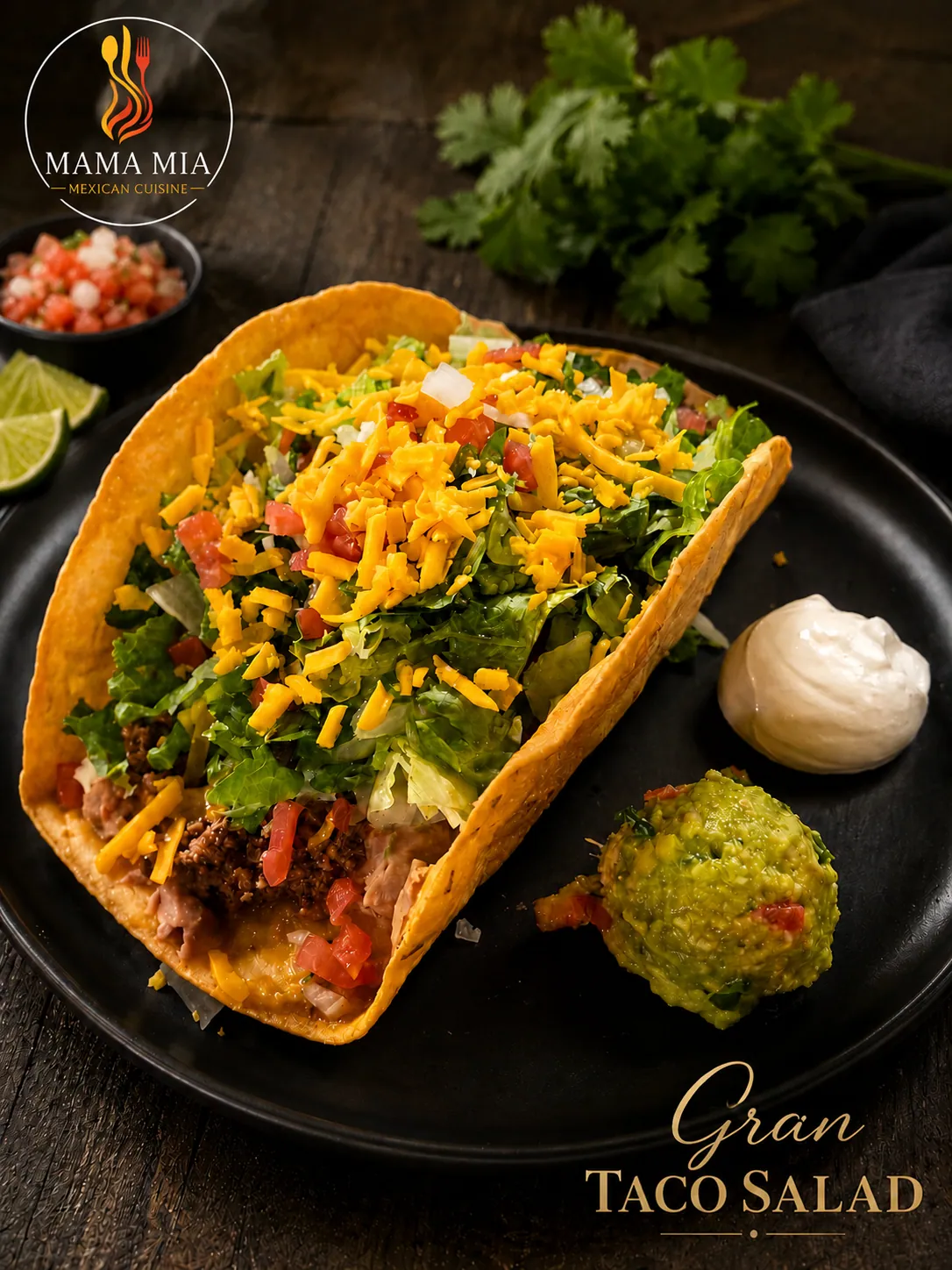 Gran Taco Salad — concha de tortilla con lechuga, queso, jitomate y guacamole