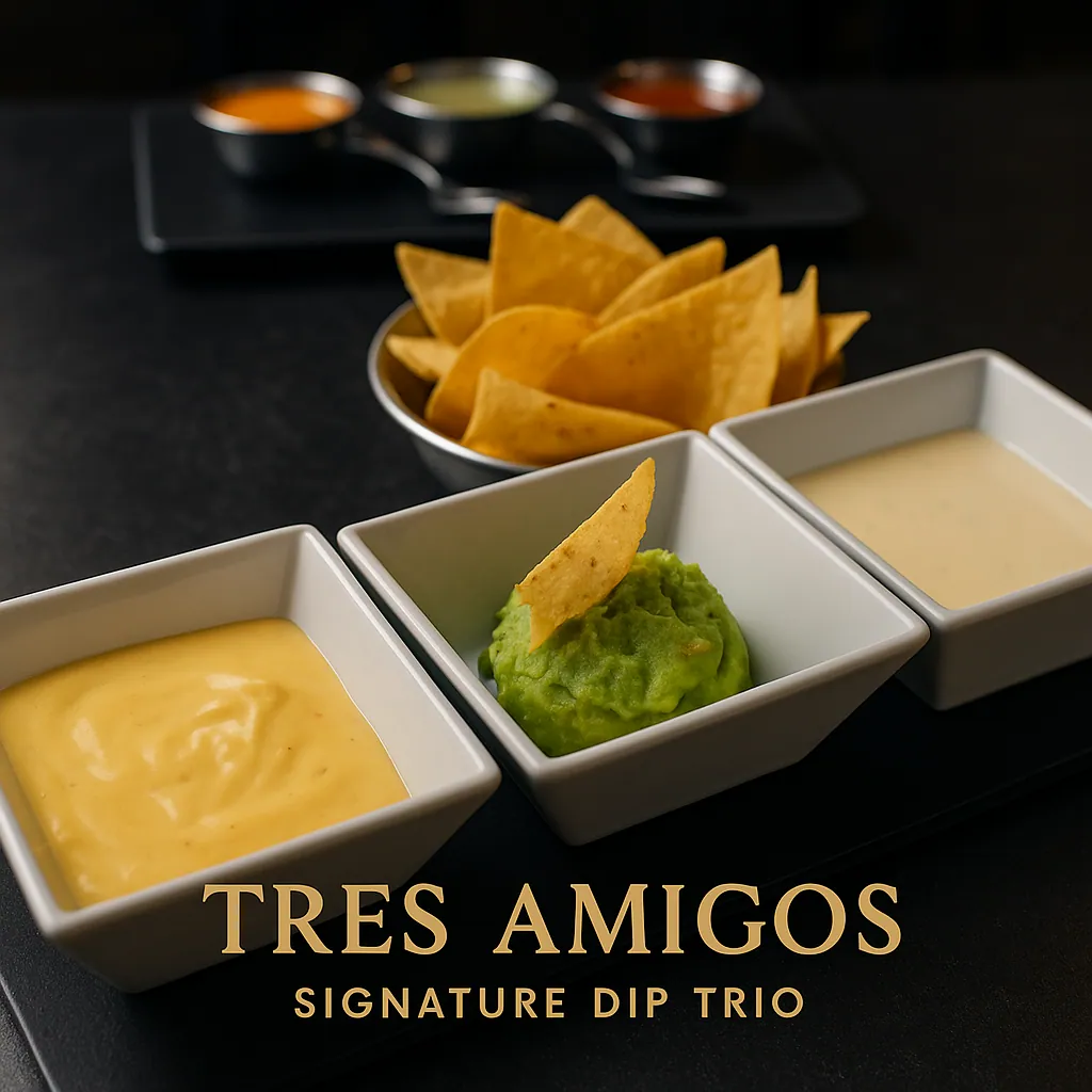 Tres Amigos — totopos con guacamole y queso amarillo y blanco